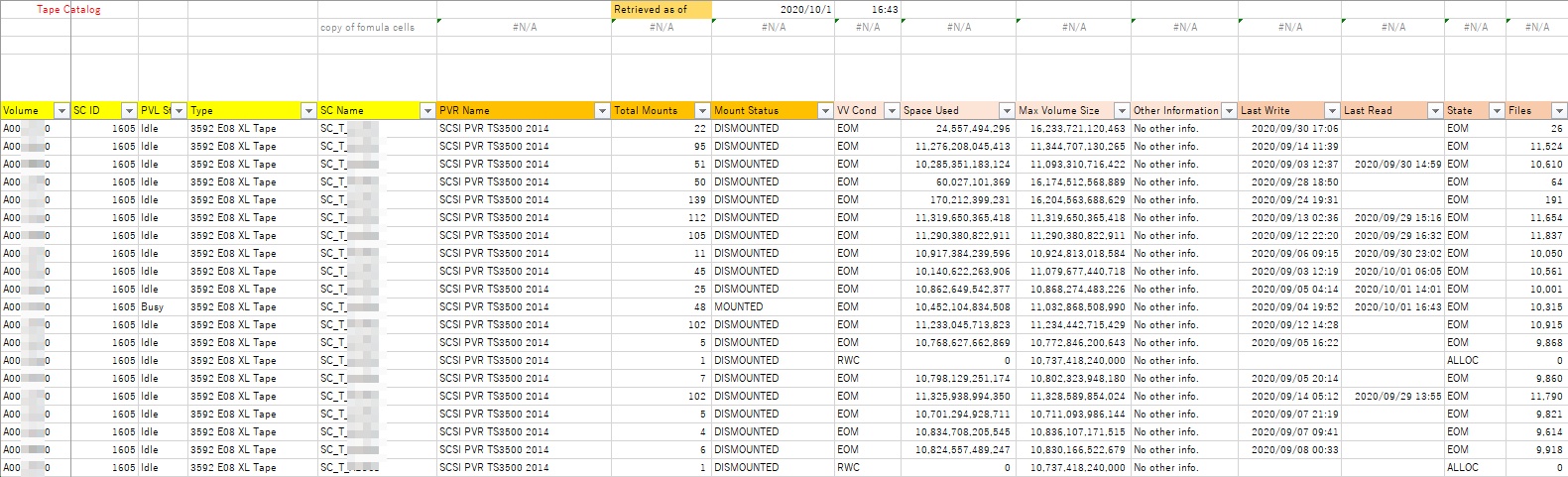 Screen capture of the Tape Catalog Excel sheet